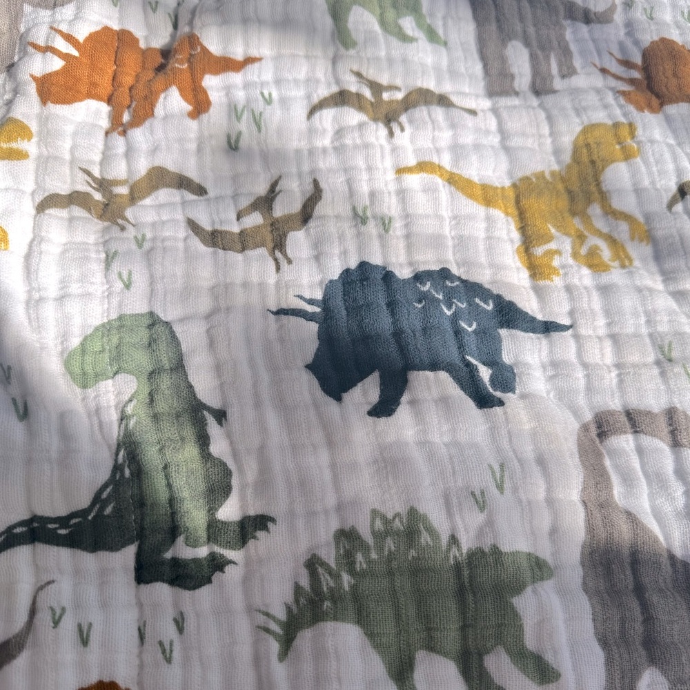 Soft Muslin Dinosaur Throw Blanket - White with Multicolor Dino Prints